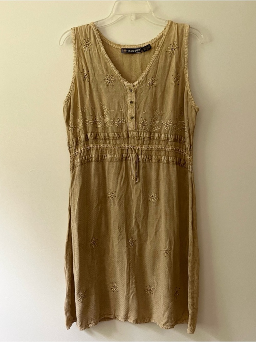 Raya Sun Boho Embroidered Dress Large Beige Tan Hippie Indie Gypsy Festival